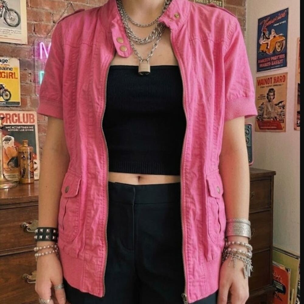 McBling Y2K Wet Seal Pink Short Sleeve Bomber Jacket XL Moto Utility Layering